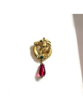 NEIMAN MARCUS | Vintage-Style Lion Head Brooch | Gold Tone Red Teardrop Charm